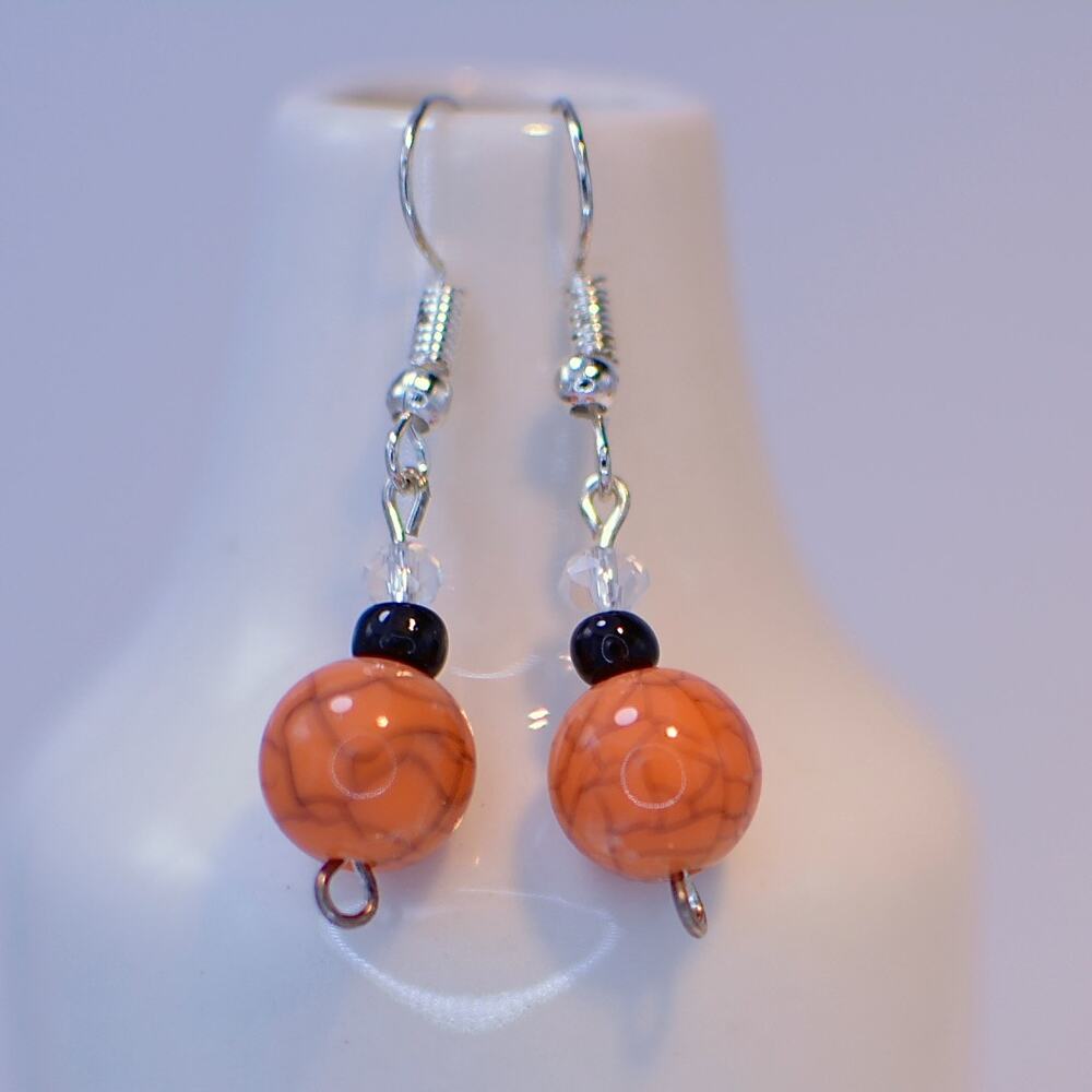 Orange & Black Glass Bead Earrings Handmade Sterling Silver